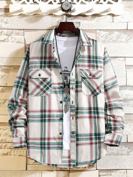 

men plaid print button front shirt s0k7#, White;black