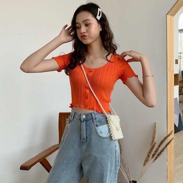 

fashion women tshirt temperament solid color button knit o-neck short-sleeved t shirt female summer casual slim crop top, White