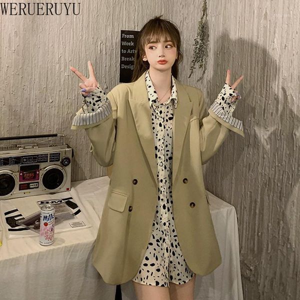 

werueruyu spring fashion korea women's blazer suit casual solid color big loose oversize jacket1, White;black