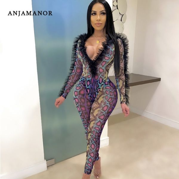

anjamanor animal print transparent mesh two piece set ruffle long sleeve bodysuit leggings club outfits for women d57-ad55 t200608, White