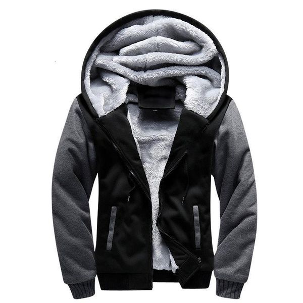 

shionfa patchwork fleece men's hoodie winter thick sweatshirts casual hooded cardigan fashion bomber fur jackets zipper coat 5xl, Black