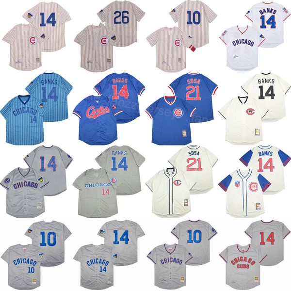 

1916 1929 1942 retro baseball 14 ernie banks jersey vintage 26 billy williams 10 ron santo 21 sammy sosa 1957 1968 1969 1900 pullover pinstr, Blue;black