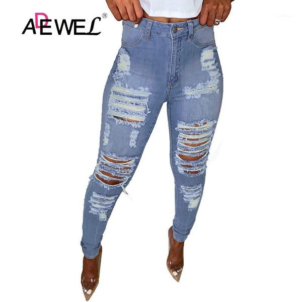 

adewel light blue cut out distressed ripped pockets denim high waisted long jeans woman pantalones vaqueros mujer pants xl1