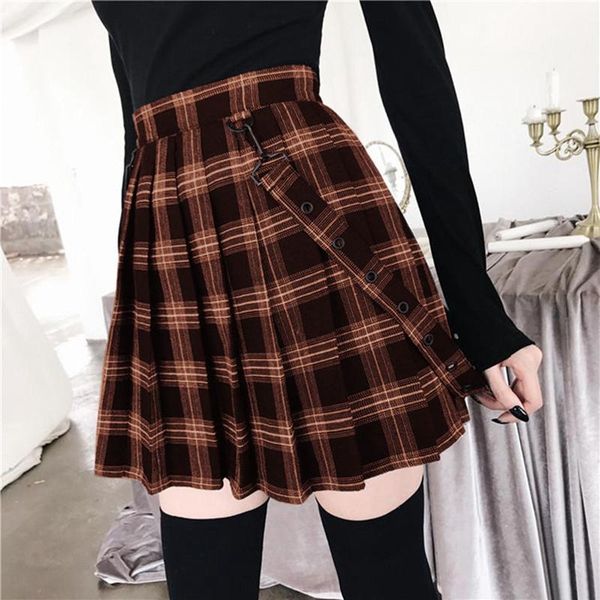 

skirts harajuku gothic vintage plaid women's high waist pleated skirt punk girl short, Black