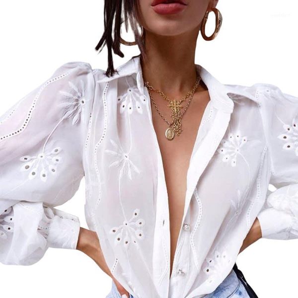 

new fashion women crochet lace shirt long puff sleeve casual flower embroidery button down blouse autumn wholesale1, White