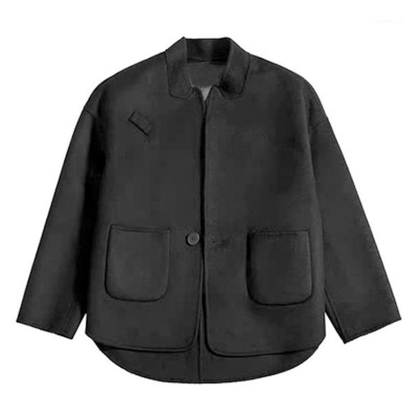 

liva girl women short woolen coat belt jacket turn-down collar casual loose faux woolen trench coats female outerwear1, Black