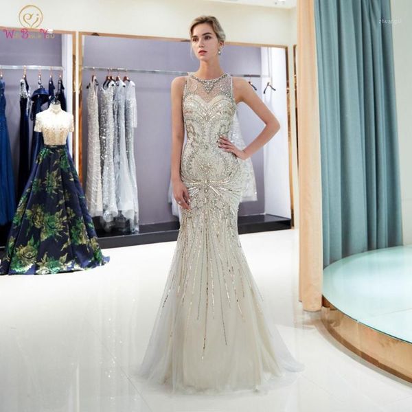 

walk beside you light gray prom dresses mermaid crystal o-neck tulle illusion gold sweep train uzun elbise woman dress elegant1, White;black