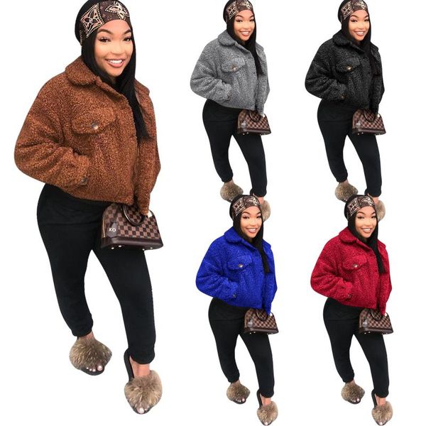 

2021 winter teddy jacket coat fleece woman long sleeve turn down collar single breasted short outfits for streetwear plush wear, Black;brown