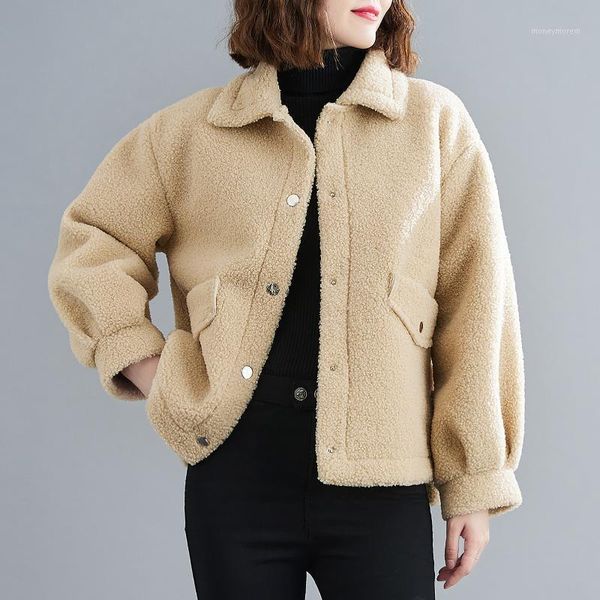 

women loose fleece jacket turn-down collar lantern sleeves buttons pockets asymmetrical hem autumn winter coat casual outwear1, Black