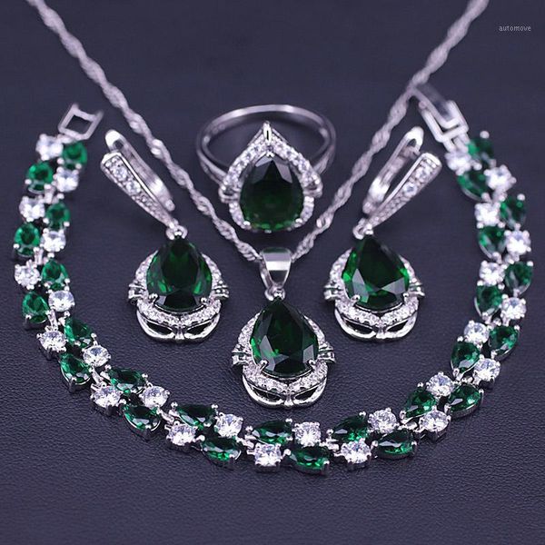 

russian green stone silver color costumer jewelry set for women rings earrings necklace bracelet set in store1