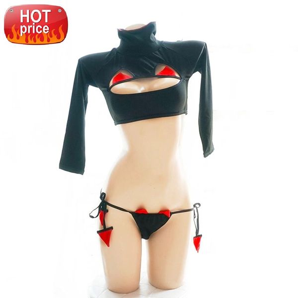 

Womens Sexy Devil Cosplay Costumes Cute Schoolgirl Uniform Long Sleeves Sexy Lingerie Set with Panties Helloween Costume #AS1o, Black;white