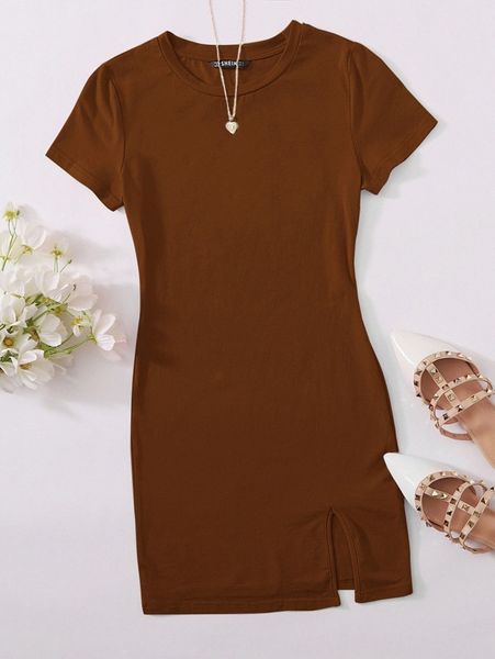 

solid split hem t-shirt dress m79y#, Black;gray