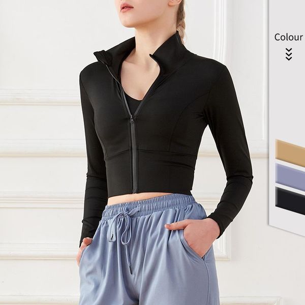 

yoga outfits shirts women sports long sleeved casual high stretch zipper fitness running workout clothes sportswear, White;red