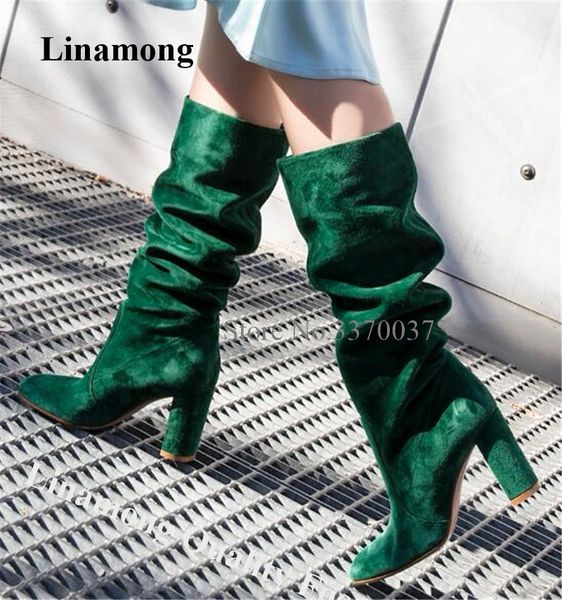 

new fashion women round toe suede leather knee high chunky heel boots green slip-on long thick high heel boots charming boots y200723, Black