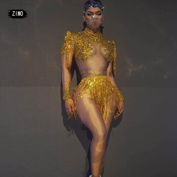 

stage wear sparkly rhinestone sequin tassel gold bodysuit long sleeve fringe dance costumes nightclub bar dj singer romper, Black;red