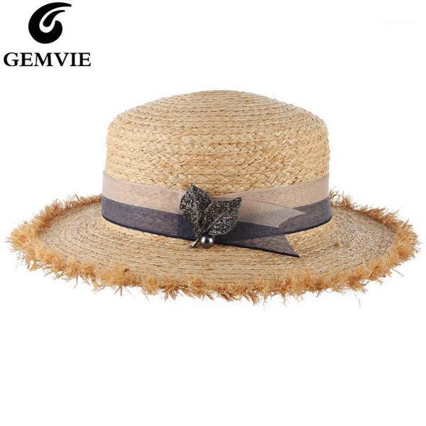 

wide brim hats gemvie rhinestone leaf band straw hat women summer raffia woven boater travel uv sun 2021 lady beach cap1, Blue;gray