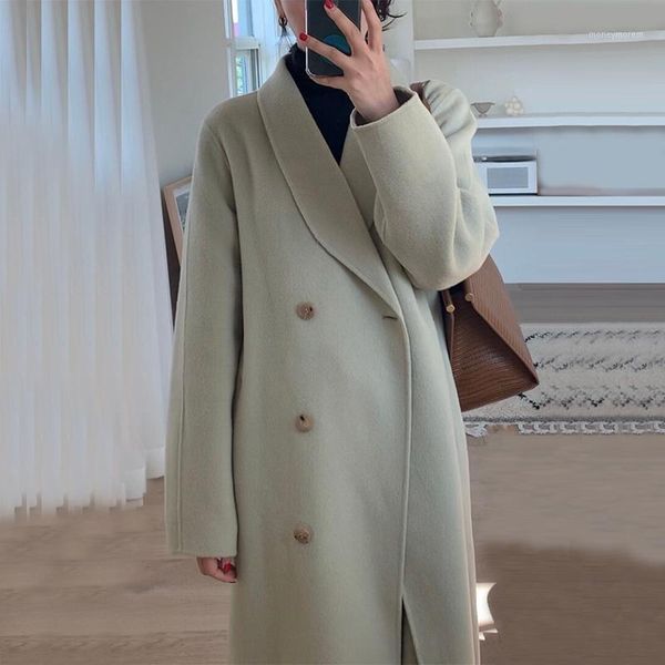 

women's wool & blends winter long woolen coat women full sleeve loose solid color korean style casual ladies jackets plus size abrigos, Black