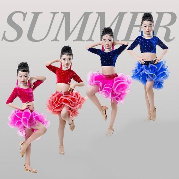 

children's short-sleeved latin dance practice performance clothing new style girls latin dance skirt competition clothing1, Black;red