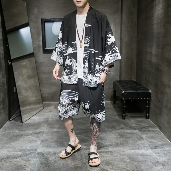 

men's casual oversize two piece suit chinese style man graphic printed short sleeve 2021 new male jacket pants 0uqz, Black