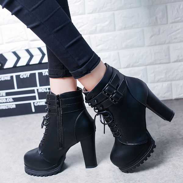 

lucyever super leap-high-heel boots for the women of mode pu buckle-fitting leather shoes winter shown even platform gsh8, Black
