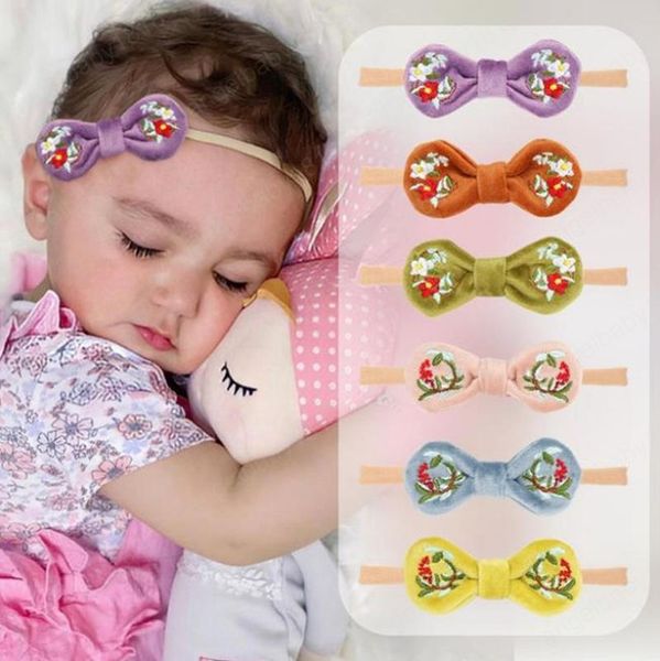 Newborn Bebê Headband Velvet Bow Nó Cabeça Bandagem Bordado Bordado Hair Band Faixa Cabeça de Cabeça da Criança Acessórios infantis