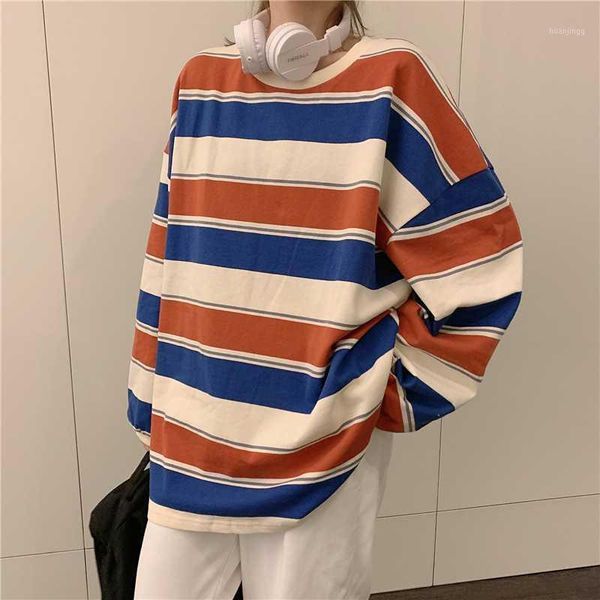 

striped long-sleeved hoodless round neck sweatshirt women autumn 2020 new clothes student loose, Black