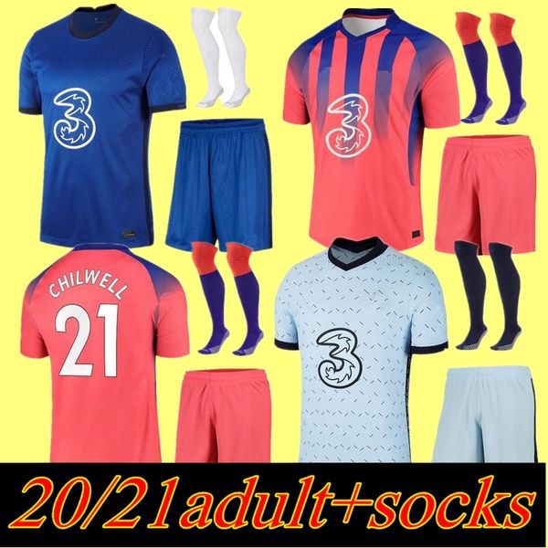 

new men 2020 2021 ziyech werner pulisic cfc soccer jerseys kante abraham lampard kits 2020 2021 willian jorginho football shirt set uniform, Black;yellow