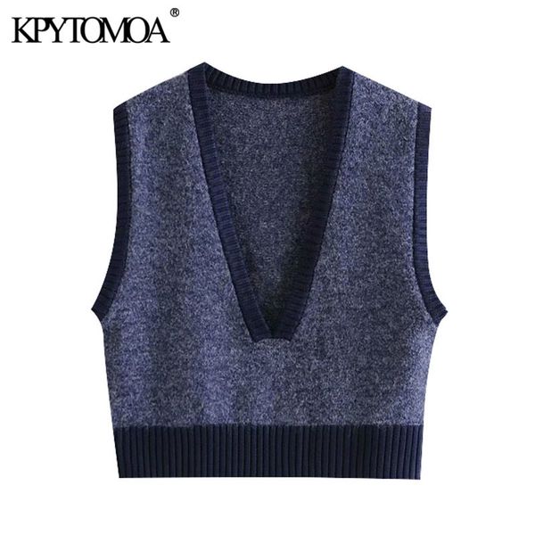 

kpytomoa women fashion deep v neck cropped knitted vest sweater vintage sleeveless patchwork female waistcoat chic y201128, Black;white