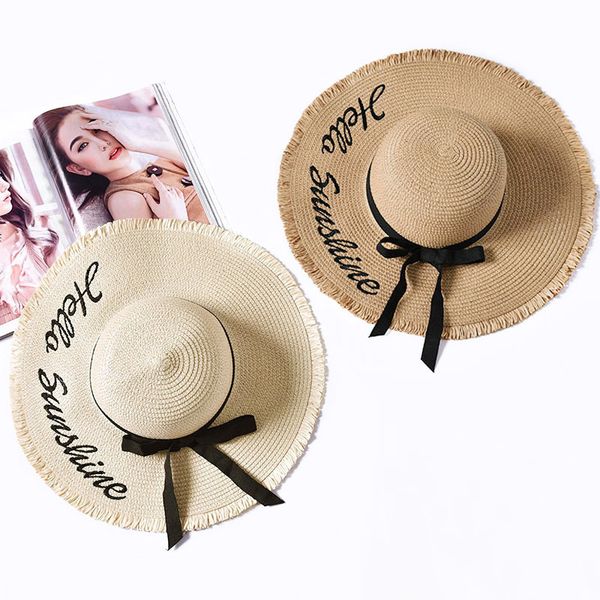 

wholesale embroidery summer straw wide brim protection beach hat 2019 adjustable floppy foldable sun hats for women ladies t200116, Blue;gray