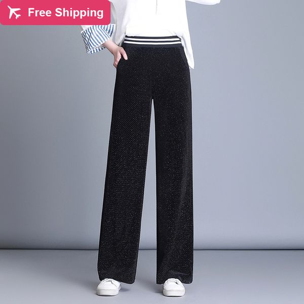 

streetwear summer 2020 velvet women's trousers high waist long leg straight capris for more size woman pants, Black;white