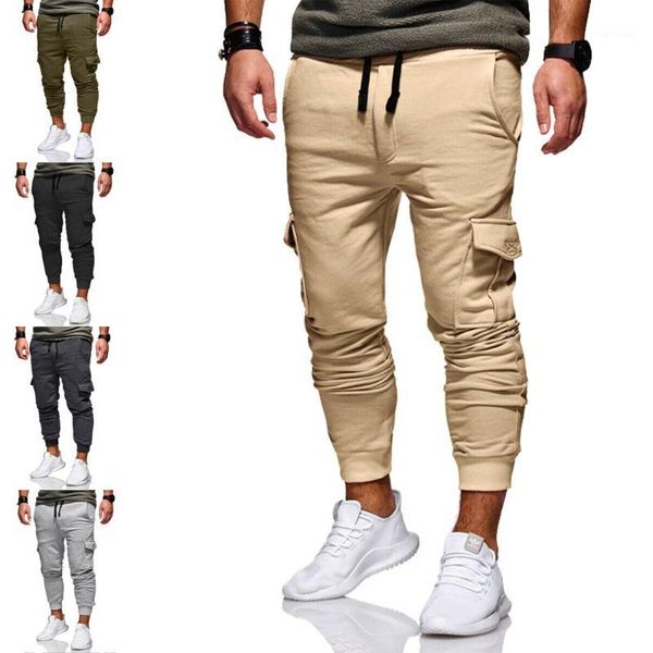 

men pants casual sport long pockets drawstring cotton tracksuit fitness sport gym workout joggers trousers1, Black