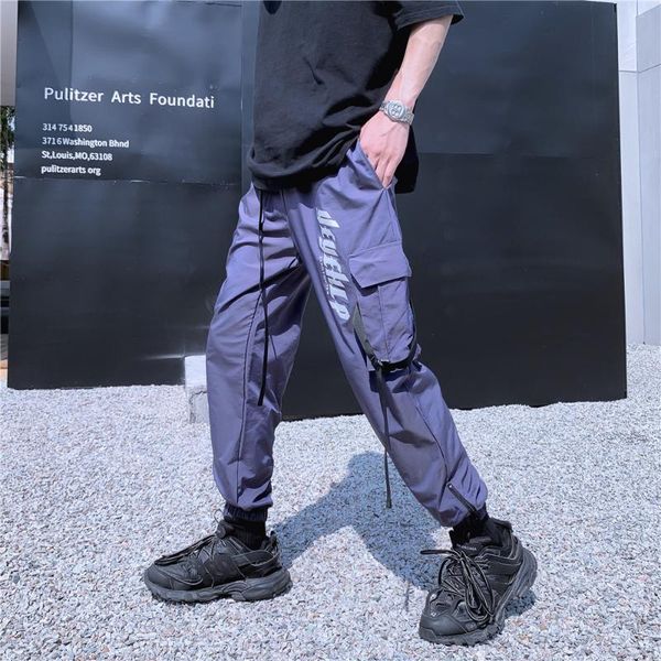 

letter printing multi-pocket cargo pants men's europe and the united states brand streamers ankle banded pants harajuku wind tre, Black