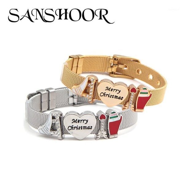 

sanshoor christmas bracelets set with cupid's arrow engraved heart gloves ski boot charms for women girls family1, Golden;silver