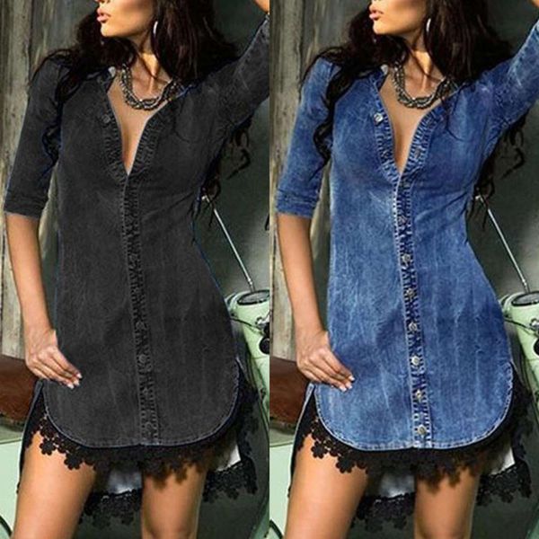 

denim shirt v-neck 5 / s lace patchwork drs, White