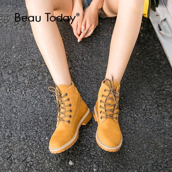 

beautoday motorcycle boots women genuine leather lace-up autumn winter cow suede lady ankle desert boots handmade 042011, Black