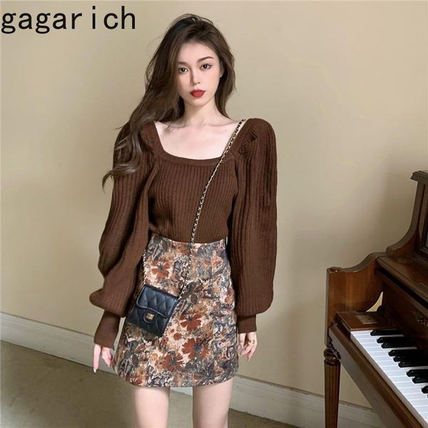 

women's sweaters gagarich women knit sweater autumn winter short long-sleeved square collar female outside wearing lantern sleeve pullo, White;black