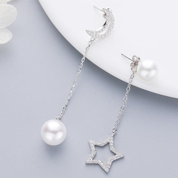 

moon star earrings long pearl earrings korean temperament personality female asymmetric ear clips jewelry women, Silver