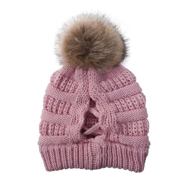 

Women Winter Chunky Knit Beanie Hat with Removable Pom Pom Hollow Criss Cross Messy Bun High Stretch Skull Cap, Blue;gray