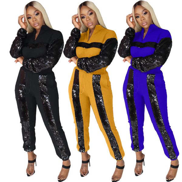 

женские спортивные трексеи дизайнеры мода одежда сексуальные блестки с длинным рукавом двух частей костюм ночной клуб jogging подходит новый, Gray