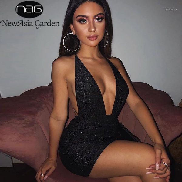 

newasia bright silk shiny party dress women deep v neck backless mini dress lacing straps sleeveless bandage dresses 20201, Black;gray