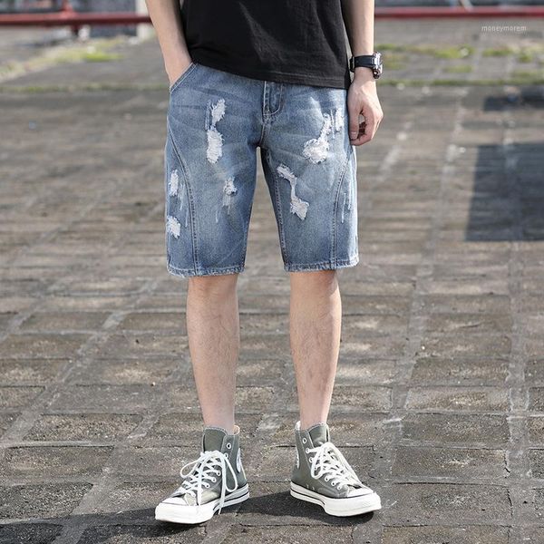 

2019 summer new style men with holes denim shorts large size men's knee-length denim shorts loose-fit pants fashion1, Blue