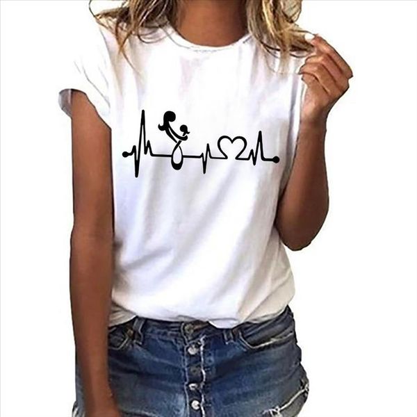 

womens t shirt ladies casual harajuku short sleeve heart shaped printing t shirt retro casual o neck ropa mujer, White