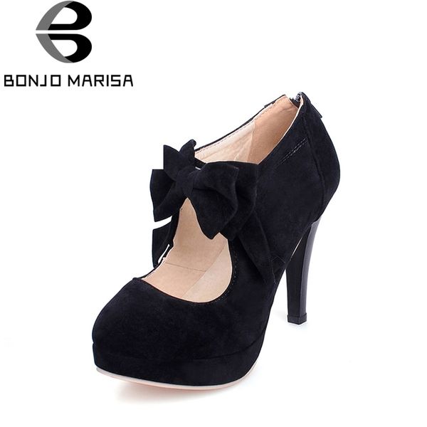 

bonjomarisa spring autumn high heels sweet bowtie platform women pumps plus size 30-48 elegant party wedding shoes woman y200702, Black