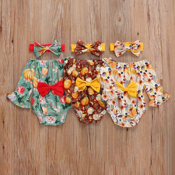 

rompers thanksgiving big bow bodysuit toddler infant baby girl halloween autumn long sleeve off shoulder jumpsuit playsuit floral, Blue