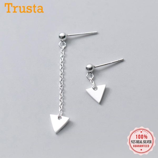 

trustdavis real 925 sterling silver fashion asymmetric triangle tassel charm stud earrings for women party fine jewelry ds1187, Golden;silver