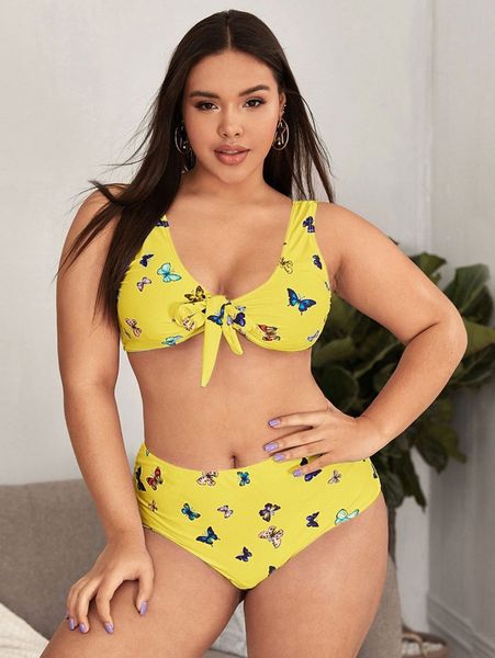 

plus butterfly print knot bikini swimsuit g4wz#, Black