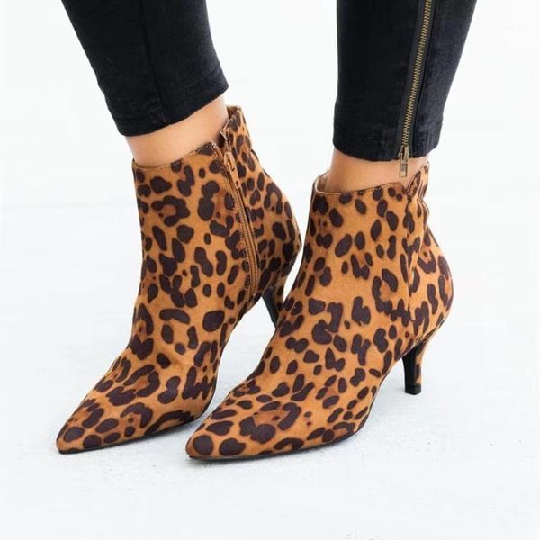 Boots Leopard Women Black Brown High Heels Platform Acle Snake Sexy Pointed Toe Осенью зимняя короткая обувь T13931