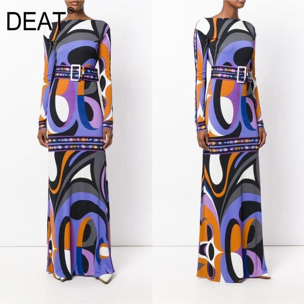 

deat] 2020 bohemia knit high end printed hit color with belt women dress round collar full sleeve fashion spring tide am1121, Black;gray