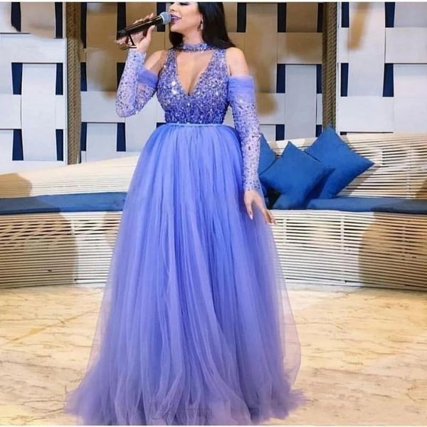 

modest formal arabic evening dresses long sleeves a-line beaded crystal v-neck purple prom gowns lady party dress robe de soiree, Black