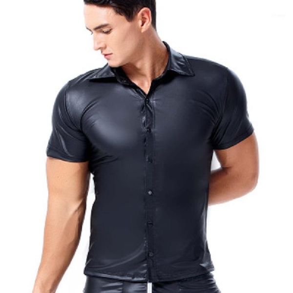 

men patent leather tight short sleeve shirt stage nightclub costumes security guard uncle role play labour suit shirts1, White;black